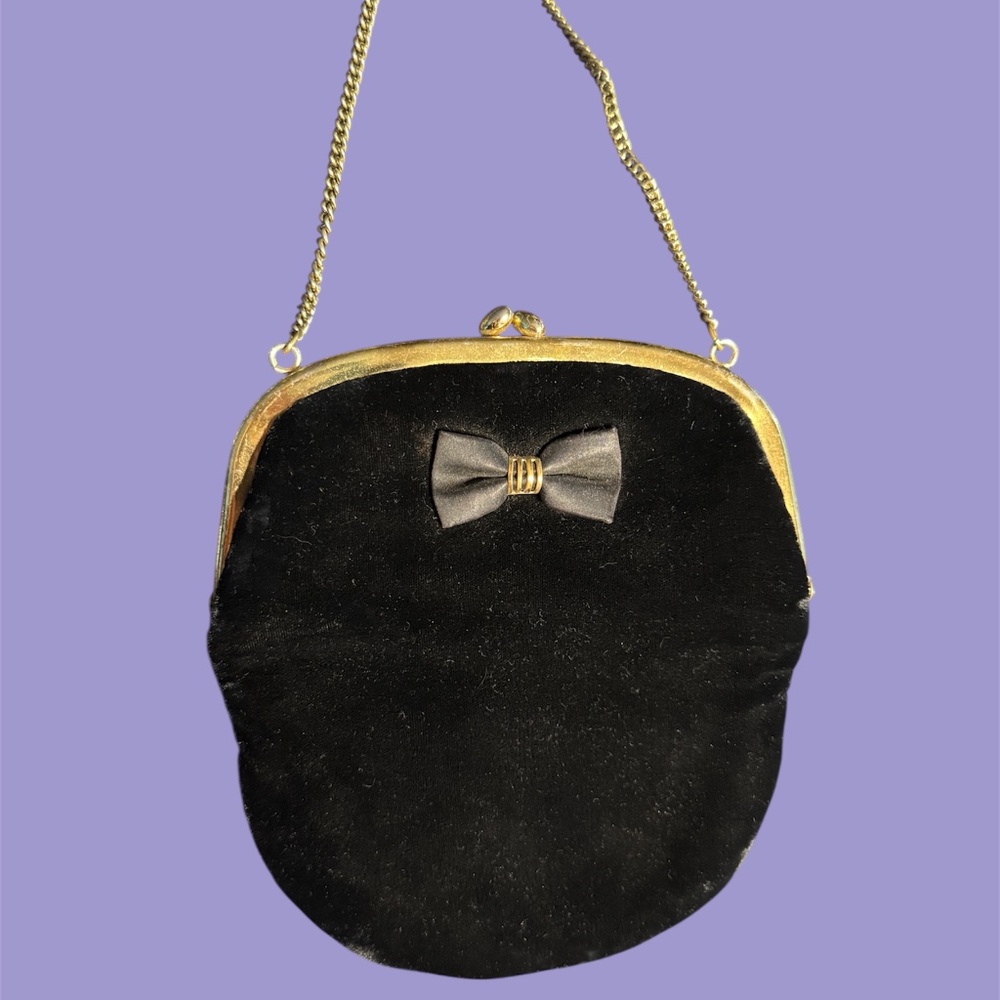 Vintage 50s Black Velvet Evening Clutch Pouch Bag Satin Bow Gold Chain Handle